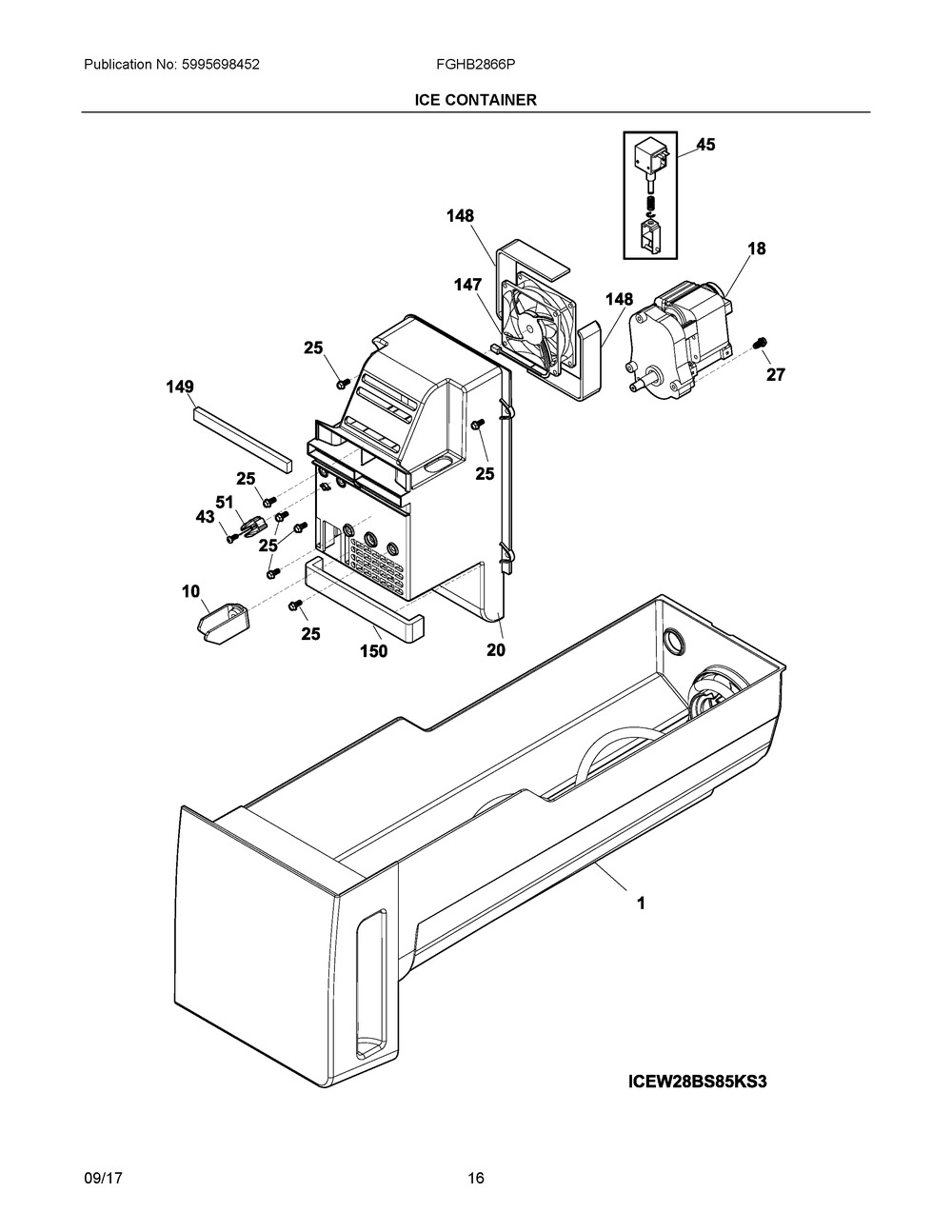 ELECTROLUX/FRIGIDAIRE, ICE CONTAINER ASSY,W/MOVING  P, 242093006