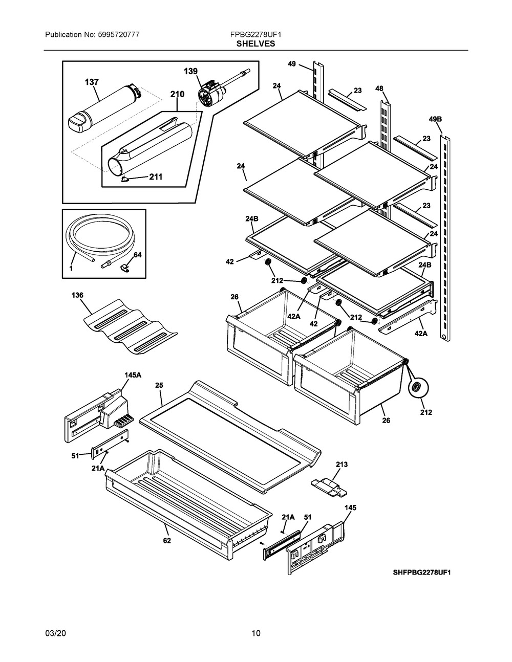 5304519465 : 5304519465 SHELF,1/2 WIDTH,GLASS,CANTILE